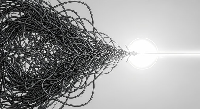 Tangled black wires converge into a single streamlined line towards a bright light source its illustration only