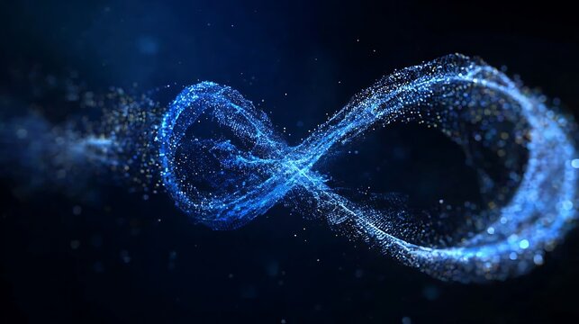 An abstract, luminous representation of infinity, rendered with a mesmerizing glow. The symbol shimmers with an ethereal radiance against a dark backdrop.