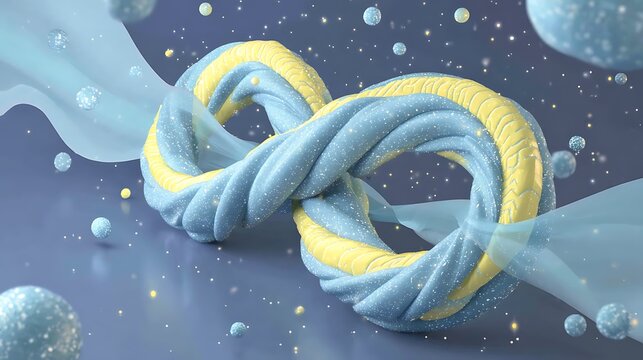 A visually appealing infinity symbol with light blue and yellow colors, adorned with a flowing fabric and floating spheres. A symbol of unending possibilities and continuity