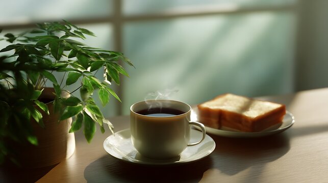 A serene morning scene featuring a cup of coffee, toast, and a potted plant bathed in sunlight