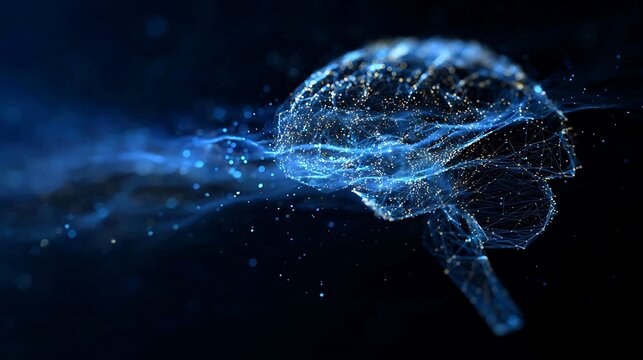 A vibrant illustration of a human brain with blue glowing particles and energy trails