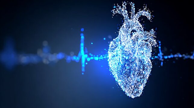 A stunning visual of an artistic heart composed of water droplets with a pulse line 