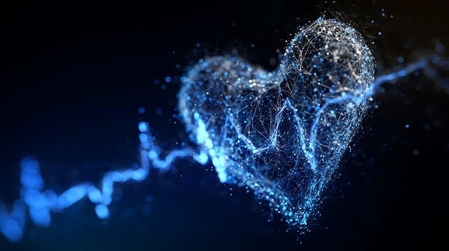 A digital heart with an electrocardiogram waveform, glowing on a dark background. The image represents concepts of health, medical science, and technology.