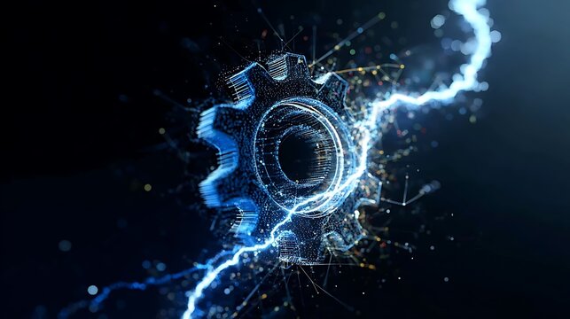 An abstract digital representation of a gear with electricity. The gear is intricately designed with lines and sparks, creating a dynamic feel.