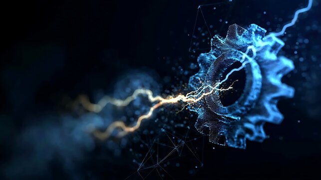 A digital gear with lightning, representing technological innovation and power