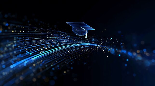 Digital representation of higher education, with a graduation cap floating in a vibrant stream of data