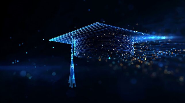 Digital graduation cap floating in space against a dark background, symbol for knowledge and learning