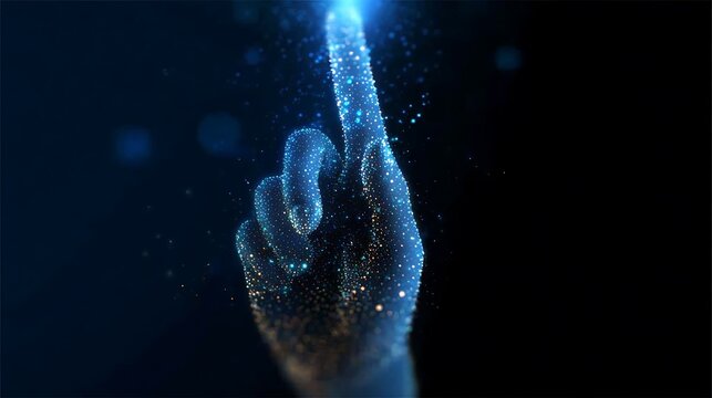 A futuristic glowing hand points toward the sky, representing new technologies and innovations