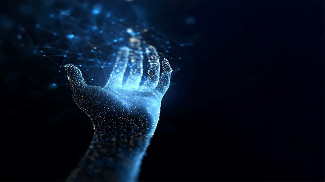 A digital hand reaching out to grasp a glowing network of connections, representing the intersection of technology and human interaction. The hand is formed from countless particles.
