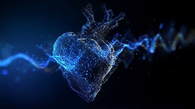 A digital depiction of the human heart, radiating with energy. The heart is formed by countless of tiny bright particles and lines, and the overall color is blue
