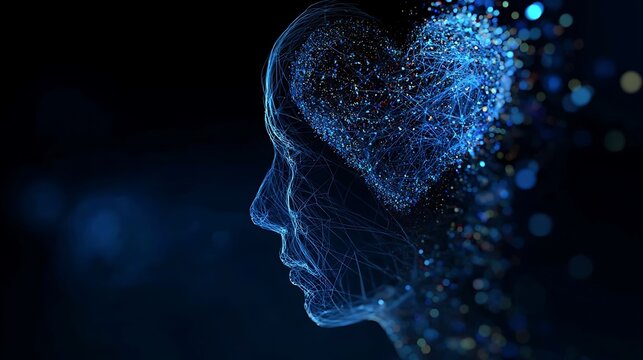 A digital portrait depicting a human head with a heart-shaped design
