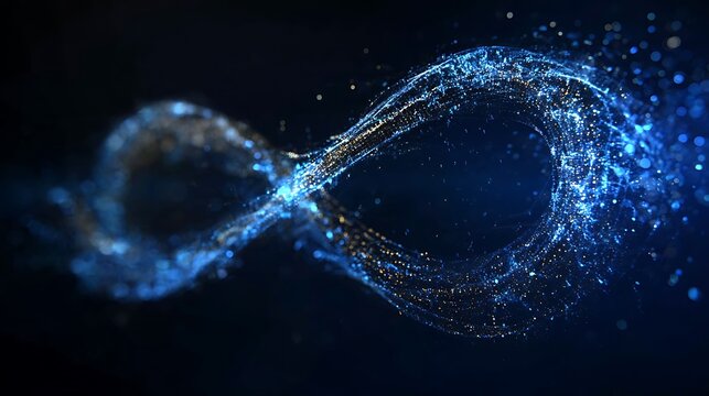 An abstract illustration of infinity symbol formed by numerous blue particles with trails of shimmering effect.