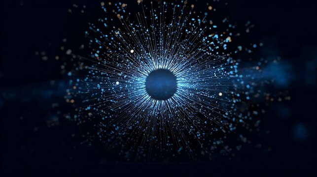 Abstract representation of the human eye, with a dark blue backdrop. The image features a stylized rendition of an eye, with luminous particles radiating outwards