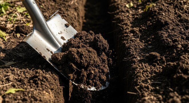 Shovel digging in fertile soil creating a furrow for planting on a sunny day
