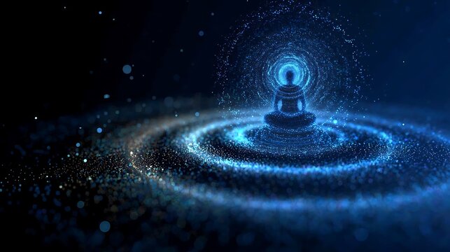 A serene illustration of a meditating figure radiating spiritual energy amidst a cosmic expanse. The artwork depicts a figure in a meditative pose, emitting waves of light.