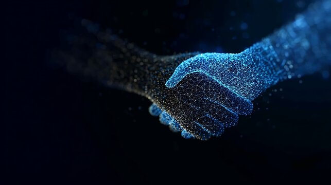 A handshake made of glowing particles symbolizing unity and agreement
