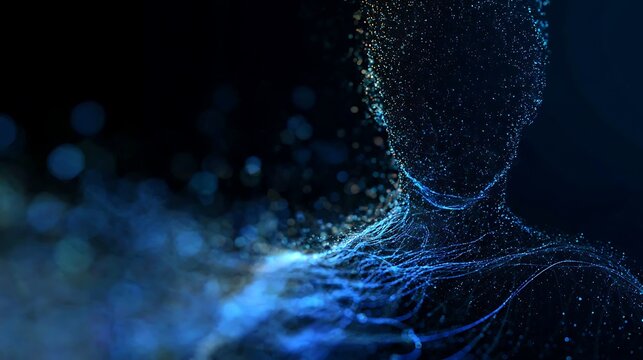 An ethereal person dissolving into particles in a dark background, evoking a sense of mystery and transience
