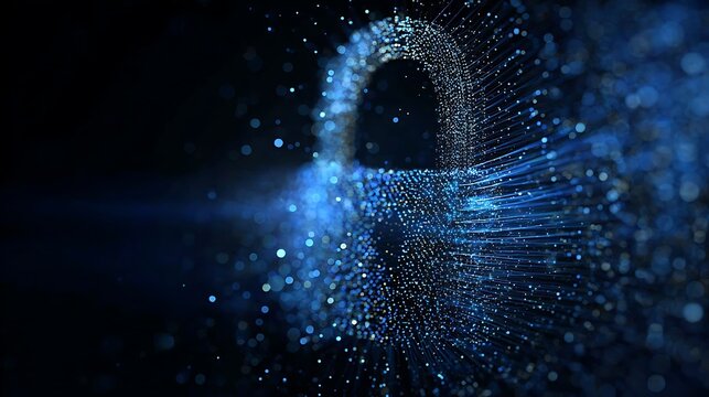 A digital padlock composed of interconnected shimmering particles, symbolizing protection and security