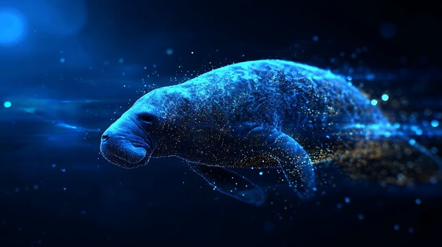 An artistic, luminous manatee gracefully moving through the deep blue ocean