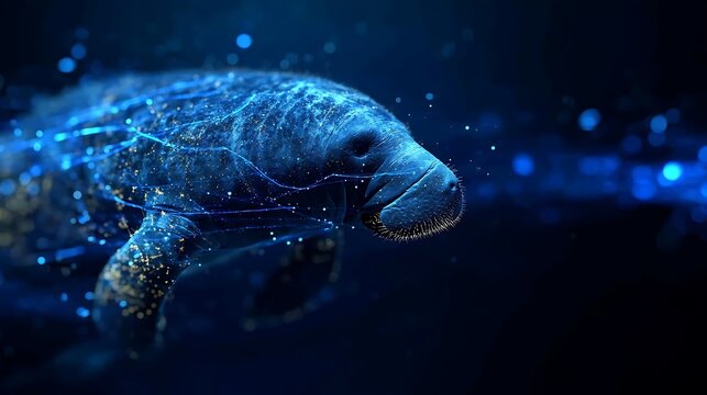 A serene manatee gracefully gliding through the cool, dark water