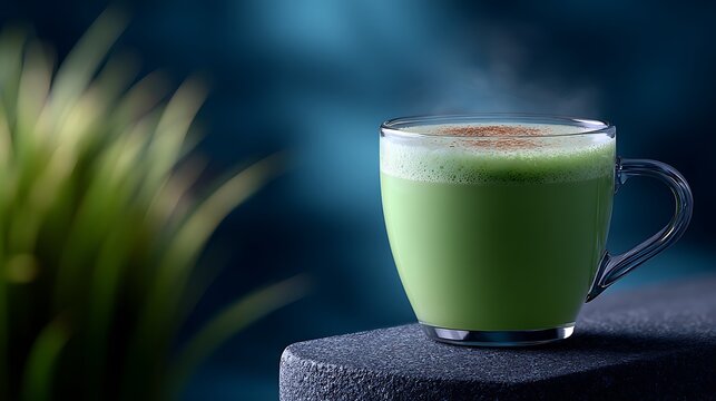 A steaming cup of matcha latte in a glass cup, a tranquil moment. The green beverage is topped with a sprinkle of seasoning.