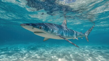 Obraz premium Shark swimming near sandy seabed in clear shallow water