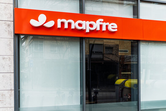 Barcelona, Spain - April 5, 2026: Mapfre insurance office storefront facade.