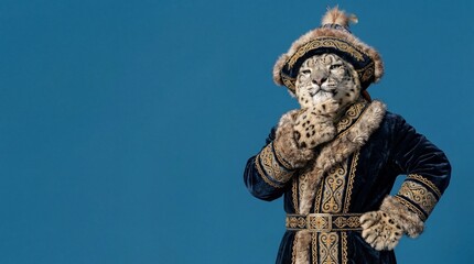 Obraz premium Snow Leopard Thinking in Traditional Fur Costume Surreal Banner