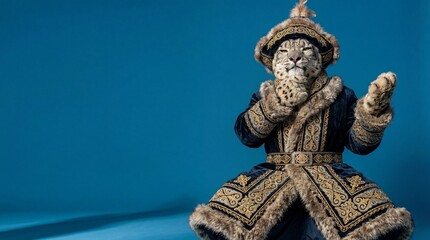 Fototapeta premium Snow Leopard Thinking in Traditional Fur Costume Surreal Banner