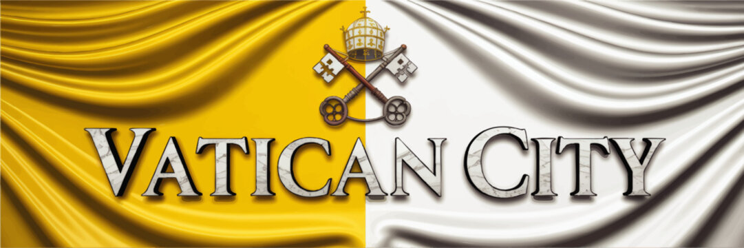 Vatican City flag with papal crown and crossed keys on waving silk fabric, elegant religious national symbol background