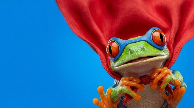 Close Up of Superhero Tree Frog in Red Cape and Blue Mask Surreal Banner