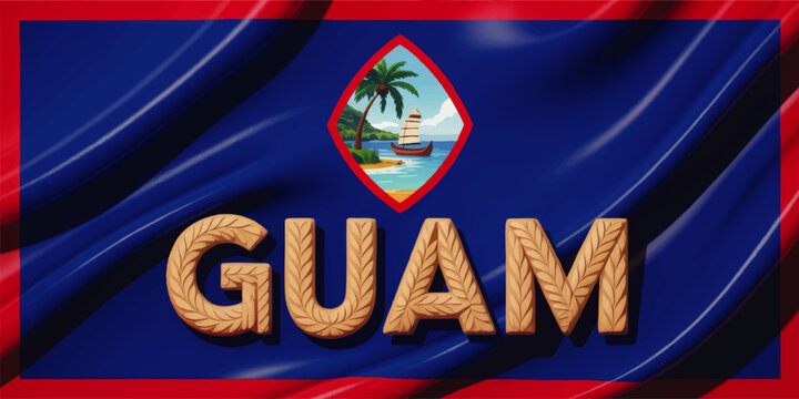 Waving Guam flag illustration with tropical emblem, red border, blue field, wooden lettering and island travel symbol