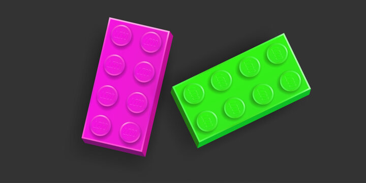 Realistic pink and green Lego plastik constructor parts 4x2 isolated on dark grey background. Vector editorial illustration