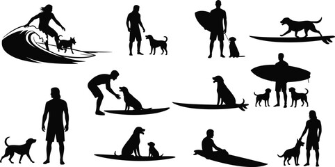 Naklejka premium People silhouette set featuring surfers, man with surfboard, active men with dogs, surfing with pets, and coastal beach lifestyle icons.