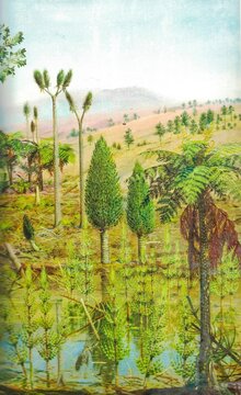 Permian Forest around the Oasis. Ancient prehistoric forest landscape with diverse flora and water reflections. A vibrant depiction of a lush prehistoric forest teeming with unique plant life and
