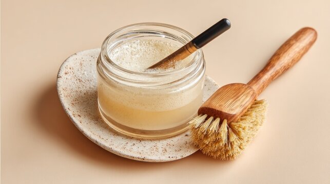 Container of strong skin treatment, dish with liquid, and brush rest on a pale surface for exfoliation.