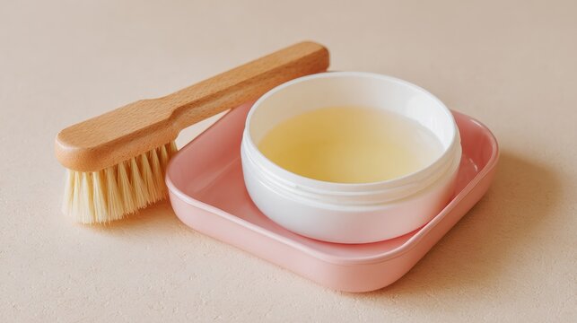 Container of strong skin treatment, dish with liquid, and brush rest on a pale surface for exfoliation.
