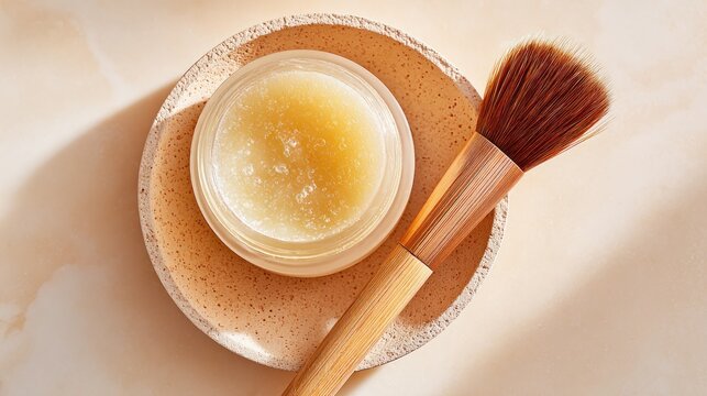 Container of strong skin treatment, dish with liquid, and brush rest on a pale surface for exfoliation.