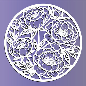 Peony flower pattern in round frame, laser cut design template. Decorative floral element for coaster, home decoration or stencil. Vector illustration