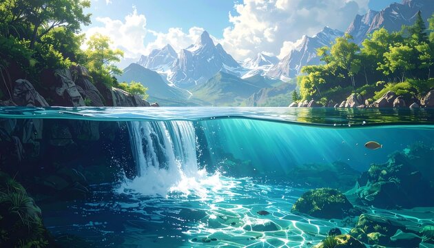A split-screen digital art piece depicting a tranquil lake and cascading waterfall with an underwater view revealing fish