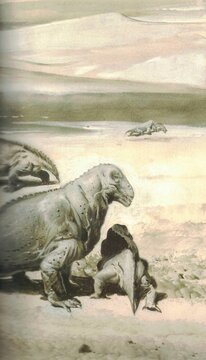 Moschops capensis. Prehistoric scene with dinosaurs roaming a desolate, sandy landscape. Ancient reptiles depicted in a barren, arid environment, suggesting a prehistoric era with limited vegetation