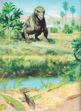 Moschops capensis. Ancient reptile with sharp teeth crouches in a lush prehistoric landscape. A fearsome prehistoric creature with a scaly hide and sharp teeth is depicted in a vibrant, verdant