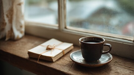 Fototapeta premium Coffee and notebook sit by the window inside.