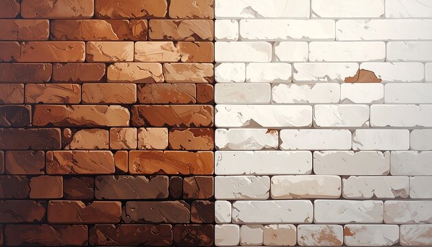 A split-screen illustration showcases a brick wall. One half is brown, the other is white. Textures simulate age and wear