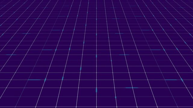 3D glowing blue grid floor seamless loop animation with dynamic data light streaks moving across grid lines on dark blue background. 4K animated infinite grid floor for tech background motion.