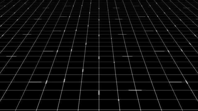 3D glowing white grid floor seamless loop animation with dynamic data light streaks moving across grid lines on black background. 4K animated infinite grid floor for background motion graphics.