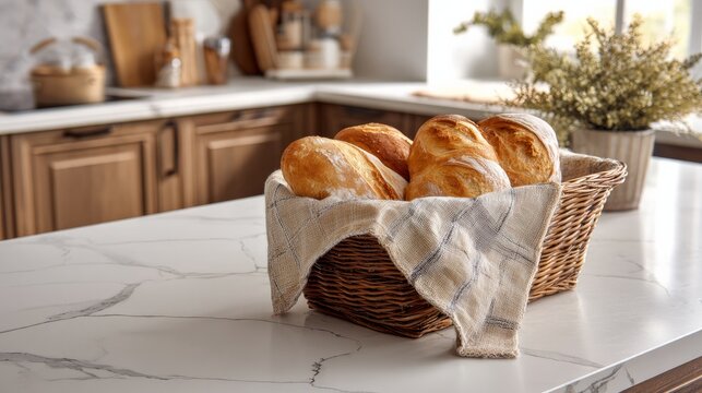 Wooden basket holds warm bread on kitchen's marble table.
