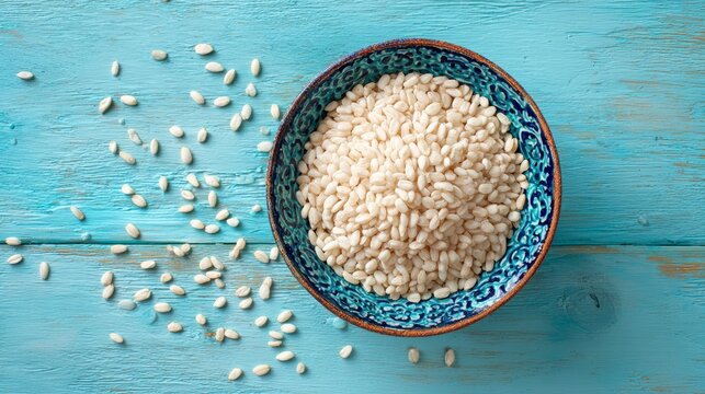 Crispy puffed rice sat in a bowl upon a light blue wooden surface, seen from above.