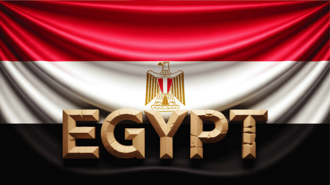 Egypt text in stone letters over waving Egyptian flag with eagle emblem, national patriotic banner illustration background