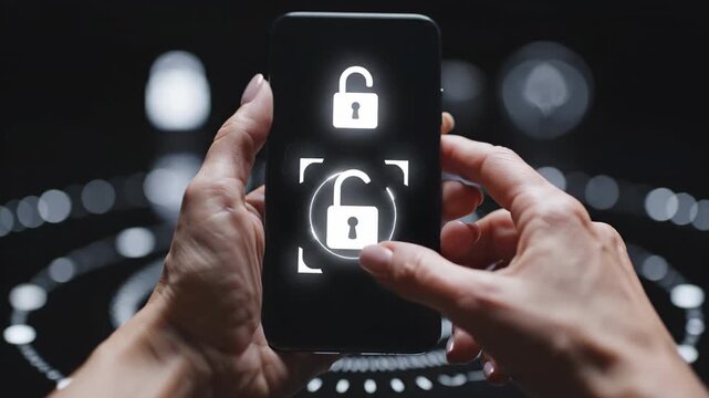 This captures a person using a smartphone with face recognition technology to unlock the device. The scene is set in a dark environment with blurred background lights, highlighting the modern security